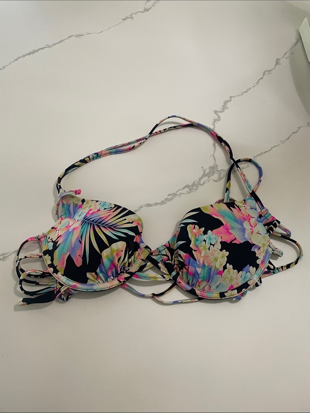 Tropical Floral Push-Up Bikini Top - Black Multi